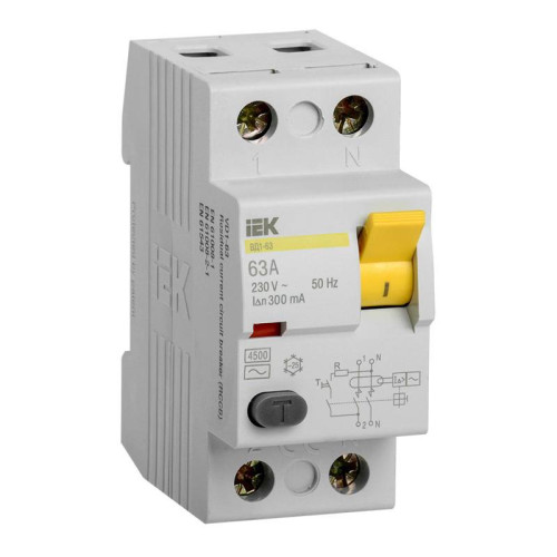 Выключатель дифф.тока УЗО IEK MDV10-2-063-300 ВД1-63 63A 300мА AC 2П 230В 2мод белый (упак.:1шт)