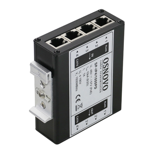 Грозозащита/ SP-IP4/1000PD Устройство грозозащиты для локальной вычислительной сети на 4 порта (скорость до 1000 Мбит/с) с защитой линий PoE (802.3 af/at/bt, методы A + B, контакты 1/2, 3/6, 4/5, 7/8) Двухступенчатая защита. Максимальное длительное рабоче