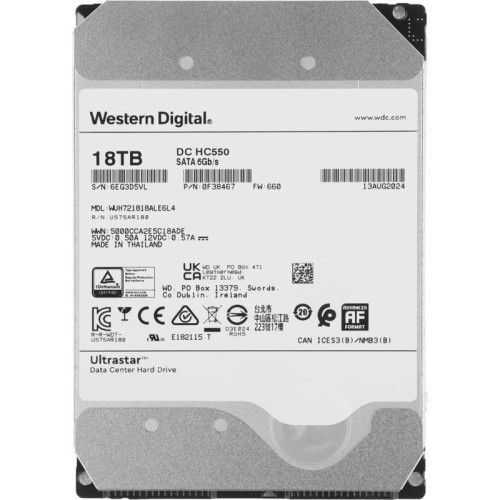 Жесткий диск WD SATA-III 18TB 0F38467 WUH721818ALE6L4 Server Ultrastar DC HC550 512E (7200rpm) 512Mb 3.5