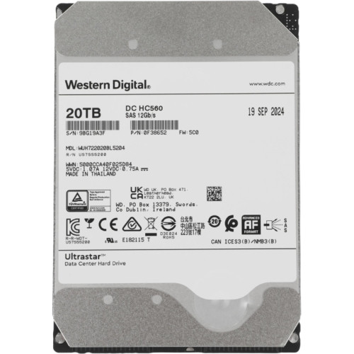 Жесткий диск WD SAS 3.0 20TB 0F38652 WUH722020BL5204 Server Ultrastar DC HC560 512E (7200rpm) 512Mb 3.5
