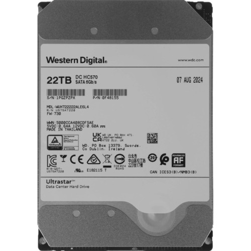 Жесткий диск WD SATA-III 22TB 0F48155 WUH722222ALE6L4 Server Ultrastar DC HC570 512E (7200rpm) 512Mb 3.5