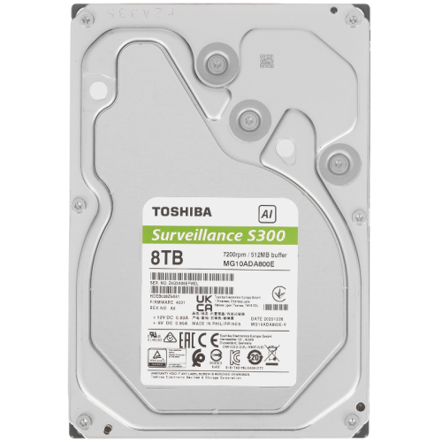 Жесткий диск/ HDD Toshiba SATA3 8Tb S300 AI Surveillance (CMR) 7200  512Mb 1 year warranty (replacement WD85PURZ, ST8000VX009)