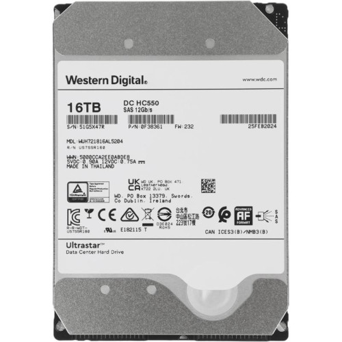 Жесткий диск WD SAS 3.0 16TB 0F38361 WUH721816AL5204 Ultrastar DC HC550 (7200rpm) 512Mb 3.5