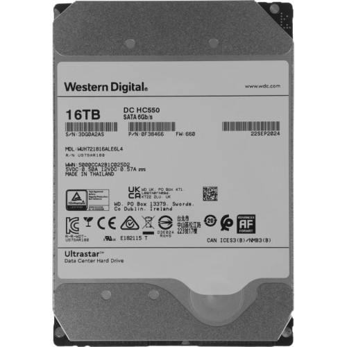 Жесткий диск WD SATA-III 16TB 0F38466 WUH721816ALE6L4 Server Ultrastar DC HC550 512E (7200rpm) 512Mb 3.5